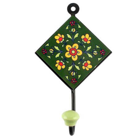 Ceramic Floral Tile Hook in Forest Green